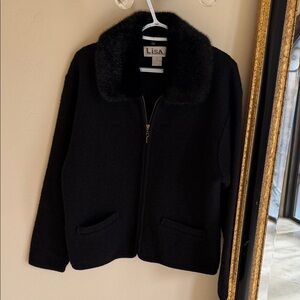 Lisa International Vintage Boiled Wool Zip Front Faux Fur Collar Jacket
